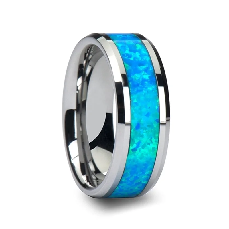 Rings For Novice Fingers-Tungsten Men's Wedding Band with Blue & Green Opal Inlay