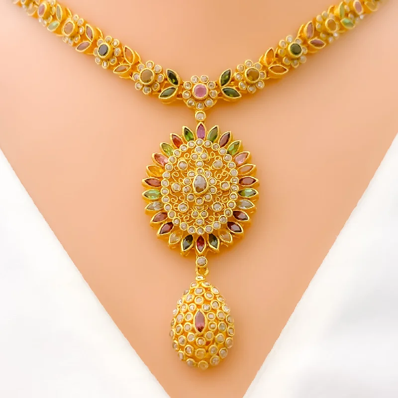 Necklaces With Coral Drops-Vibrant Tourmaline 22k Gold Polki Necklace Set