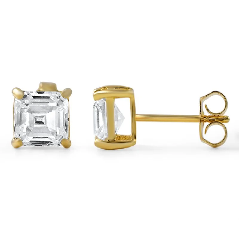 Earrings For Sharp Brows-Asscher Cut CZ Stud Earrings Gold .925 Silver