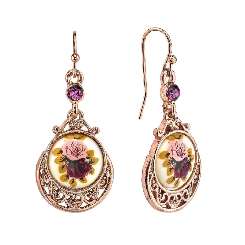 Earrings With Cascade Drops-1928 Jewelry Manor House Purple & Pink Rose Flower Amethyst Crystal Drop Earrings