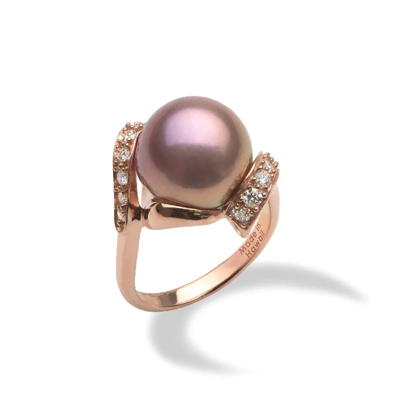 Rings For Subdued Tones-Lilac Freshwater Pearl Ring in Rose Gold with Diamonds - 12-13mm