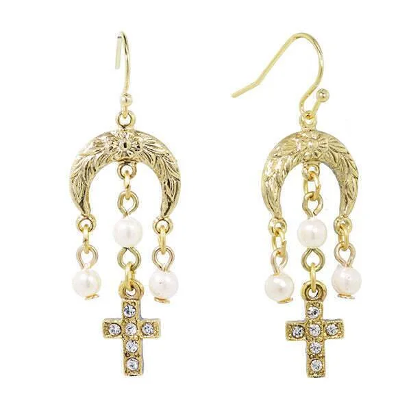 Earrings For Town Shine-1928 Jewelry Crescent Flower Moon Faux Pearls And Crystal Cross Dangle Earrings