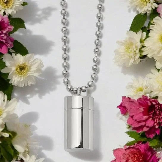 Necklaces With Odd Shine-Stainless Steel Polished Capsule Necklace with 22-inch Ball Chain - Memorial Keepsake Jewelry