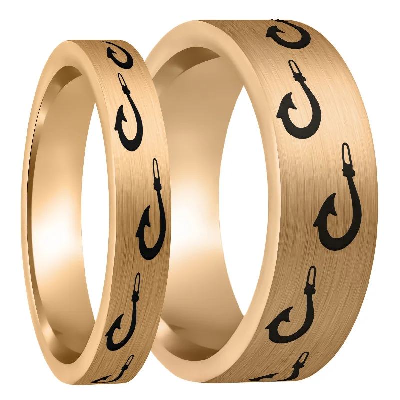 Rings For Futuristic Edge-Polynesian Fishing Hook Brushed Rose Gold Tungsten Couple's Matching Wedding Band Set