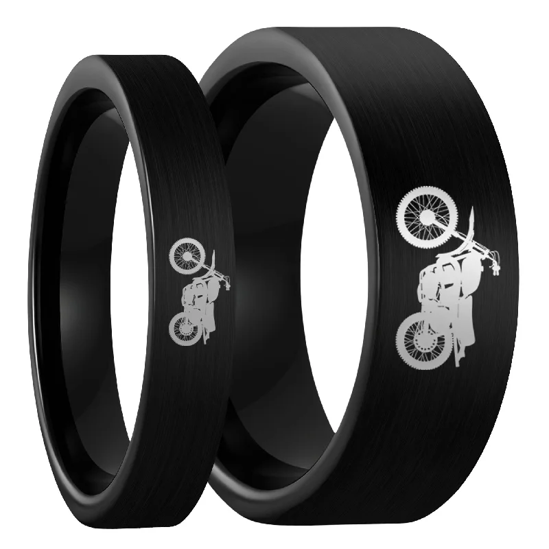 Rings Luster Tips-Dirt Bike Brushed Black Tungsten Couple's Matching Wedding Band Set