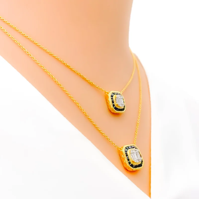 Necklaces Stay Rating-Contemporary Square Block Diamond + 18k Gold Necklace Set