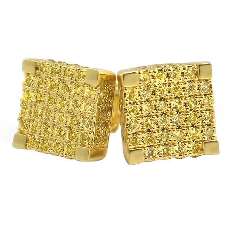 Earrings Hold Hints-Large 3D Cube Canary Gold CZ Iced Out Earrings