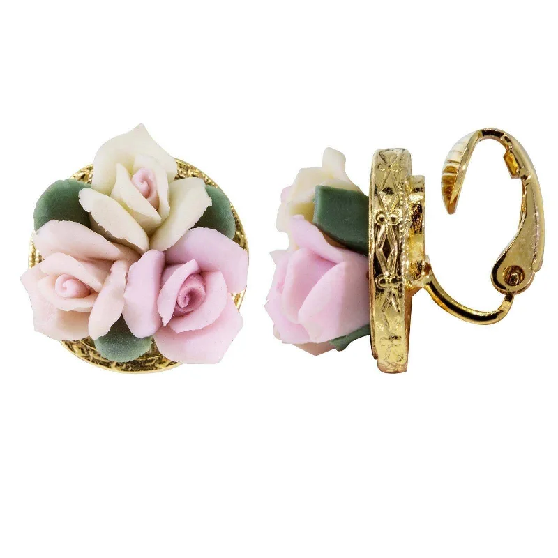 Best Hush Earrings-1928 Jewelry 3 Flower Pink & White Porcelain Flower Round Button Clip On Earrings