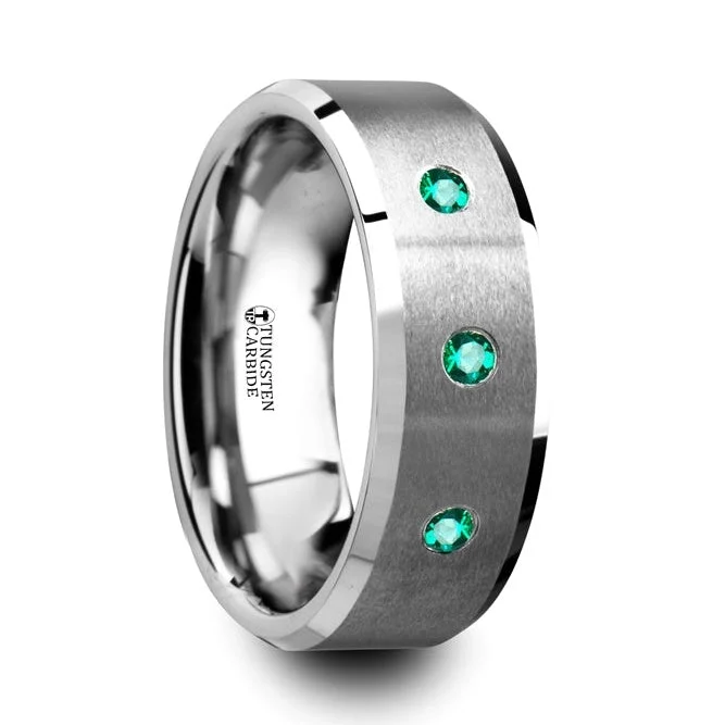 Rings For Harvest Festivals-Tungsten Men's Wedding Band with Three Emeralds