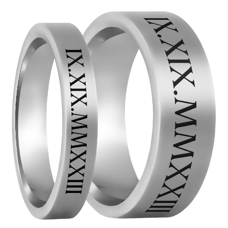 Rings For Seasoned Grace-Roman Numeral Date Tungsten Couple's Matching Wedding Band Set