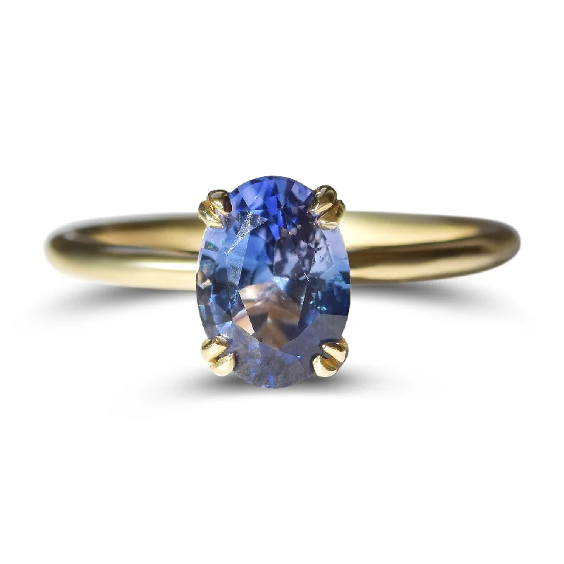 Rings For Balmy Breezes-Lake Tahoe Sapphire Sunset Ring - Oval Blue Sapphire with Double Prong Setting in 14k Yellow Gold