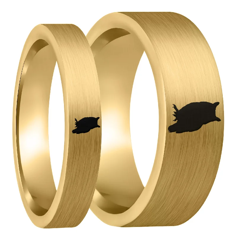 Rings For Dynamic Days-Owl Brushed Gold Tungsten Couple's Matching Wedding Band Set