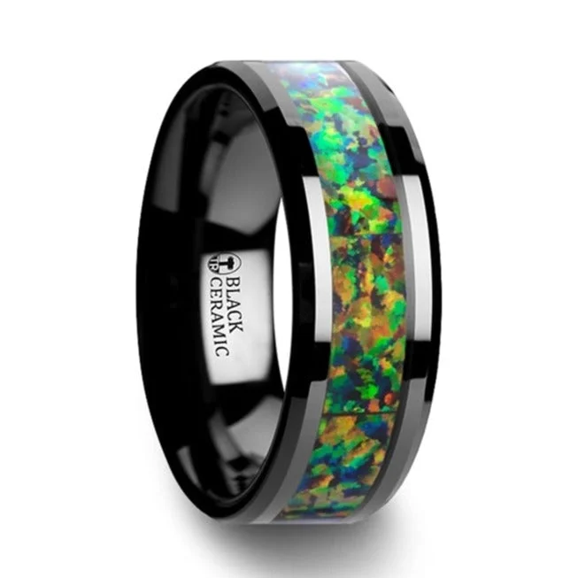 Best Floaty Rings-Black Ceramic Wedding Band with Blue & Orange Opal Inlay