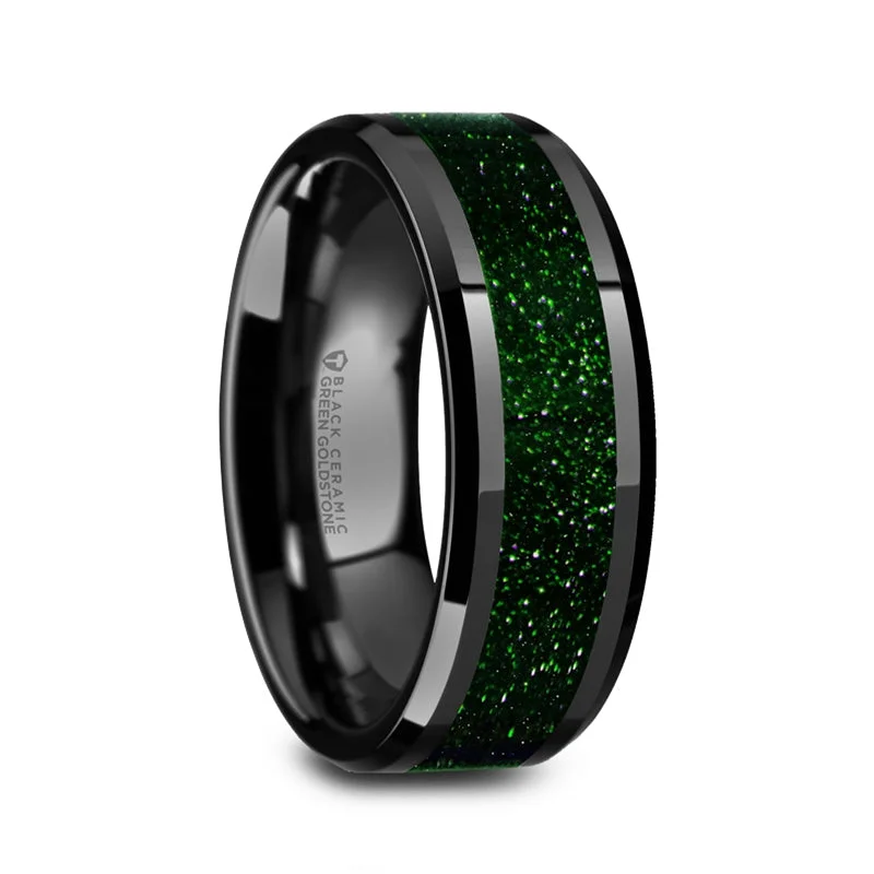 Rings For Faded Pop-Black Ceramic Men's Wedding Band with Green Goldstone Inlay