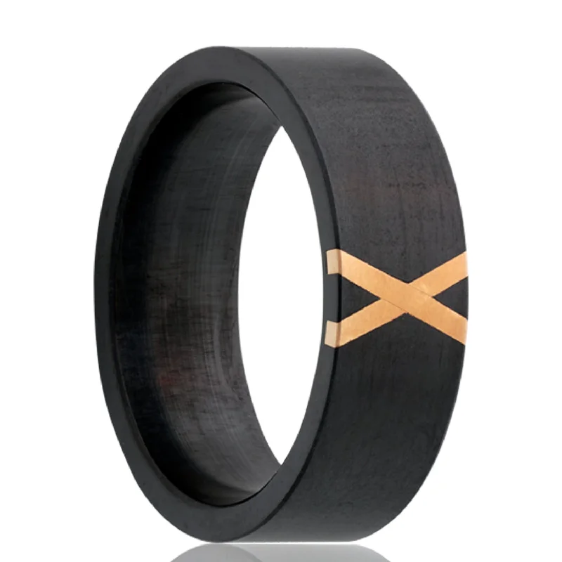 Rings Grip Insights-Zirconium Wedding Band with X Shaped 14k Gold Inlay