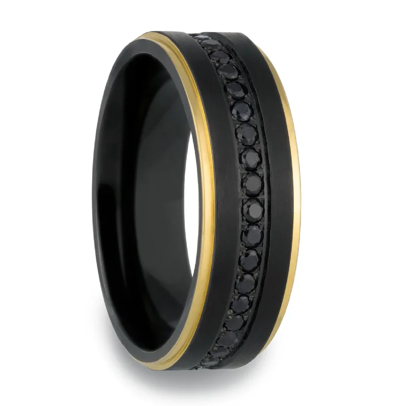 Rings For Striking Presence-Black Titanium Men's Wedding Band with Yellow Gold Edges & Sapphires