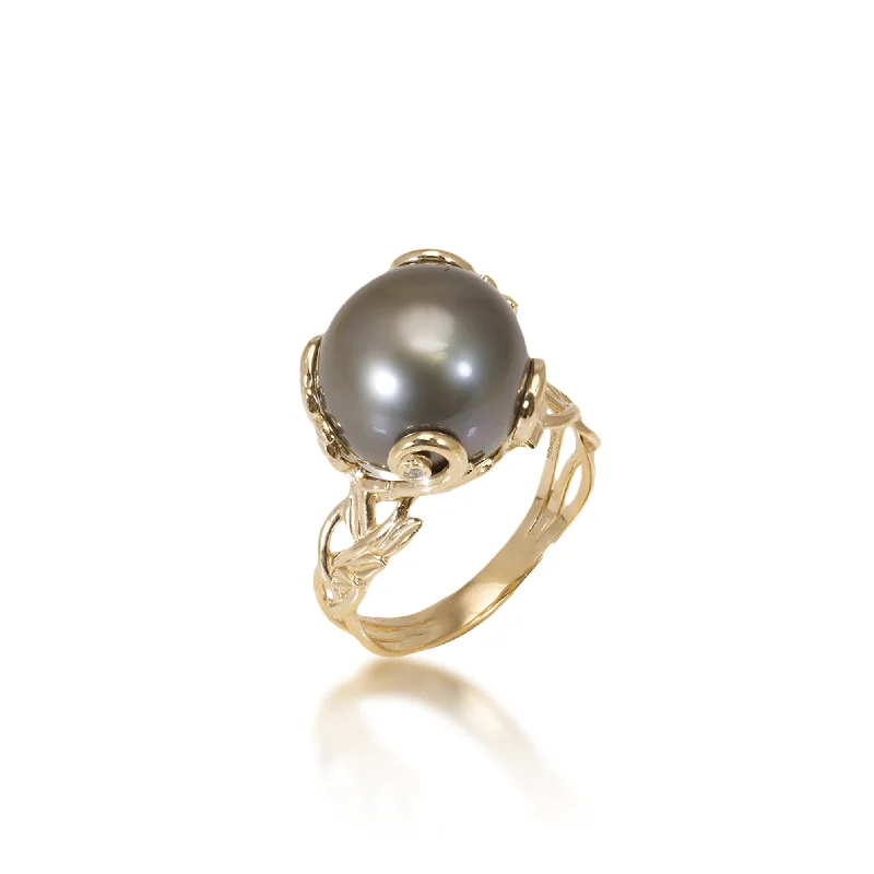 Oversized Rings For Swagger-Living Heirloom Tahitian Black Pearl Ring in Gold with Diamonds - 12-13mm