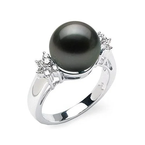 Rings For Sunny Looks-Tahitian Black Pearl Ring in White Gold with Diamonds - 11-12mm