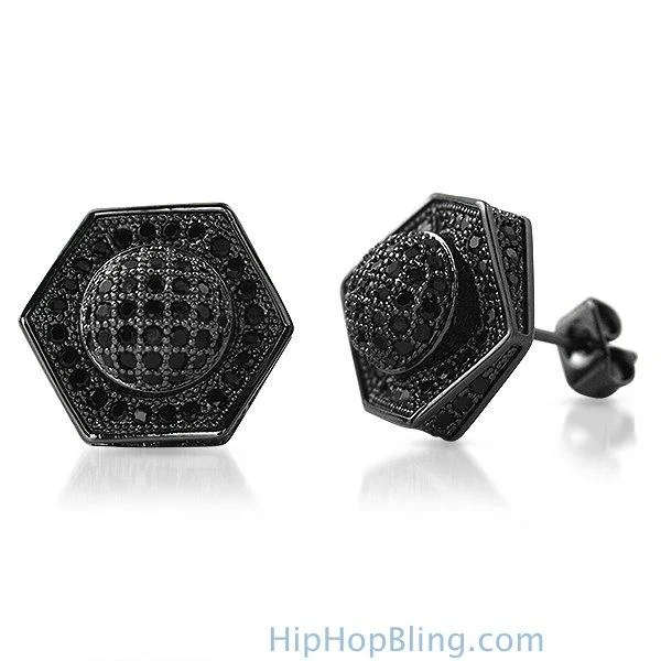 Earrings Hue Guide-3D Domed Hexagon Black CZ Hip Hop Earrings