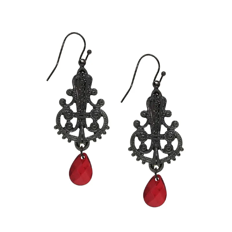 Earrings For Fine Ears-1928 Jewelry Black Royal Filigree Ornamental Red Briolette Drop