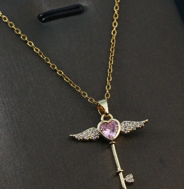 1130 Pink Heart Wings Key Gold Necklace