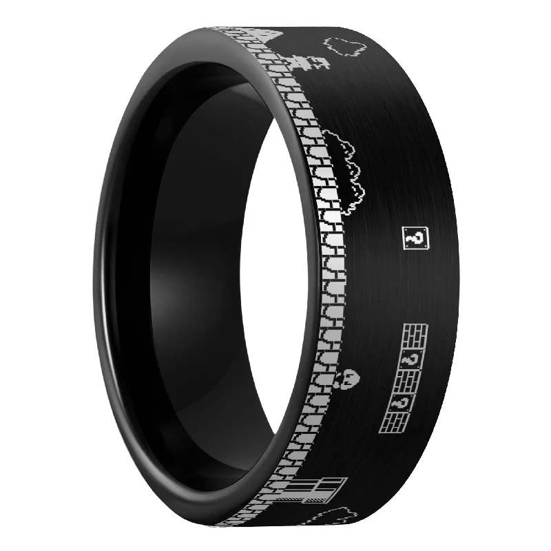 Rings For Expansive Flair-Super Mario Bros Brushed Black Tungsten Men's Wedding Band