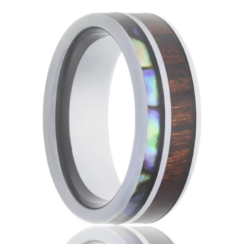 Rings Trending Favorites-Koa Wood & Abalone Inlay Cobalt Wedding Band