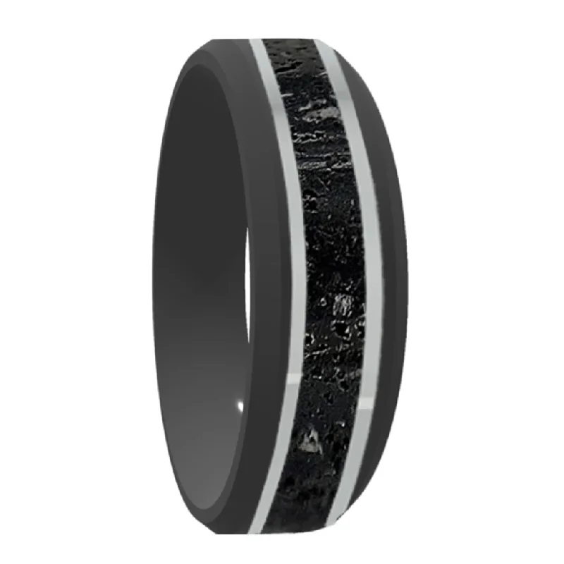 Rings Cult Favorites-Zirconium Wedding Band with Lava Rock & Sterling Silver Inlays