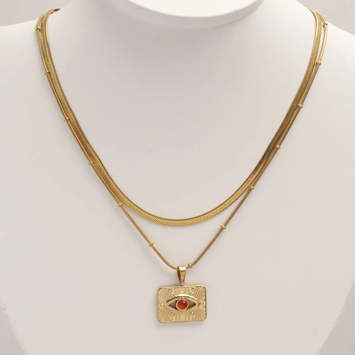 Necklaces Glow Routine-Retro Eye Stainless Steel Plating Inlay Natural Stone 18k Gold Plated Double Layer Necklaces