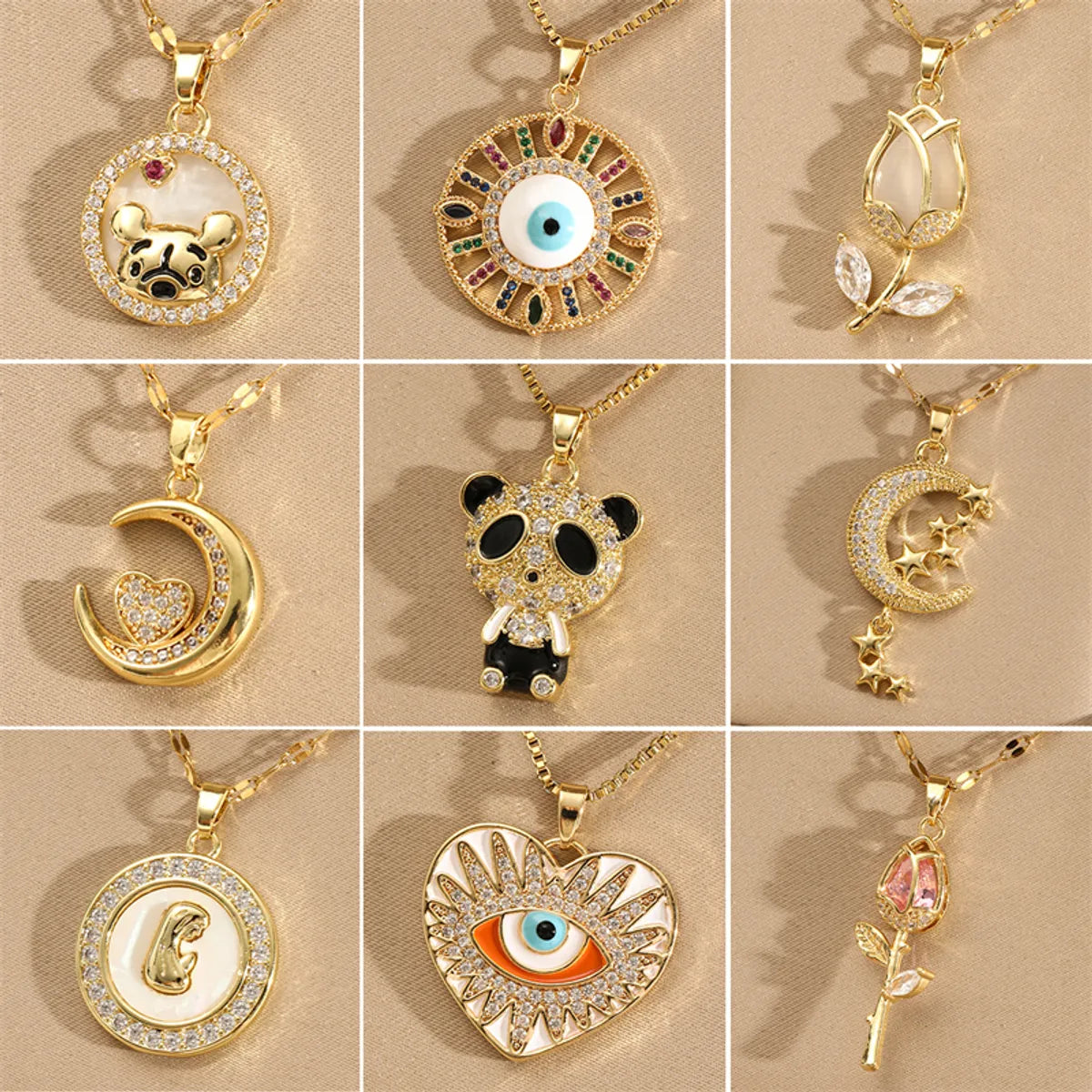 Necklaces For Sharp Style-201 Stainless Steel Brass 18K Gold Plated Inlay Panda Eye Flower Zircon Pendant Necklace