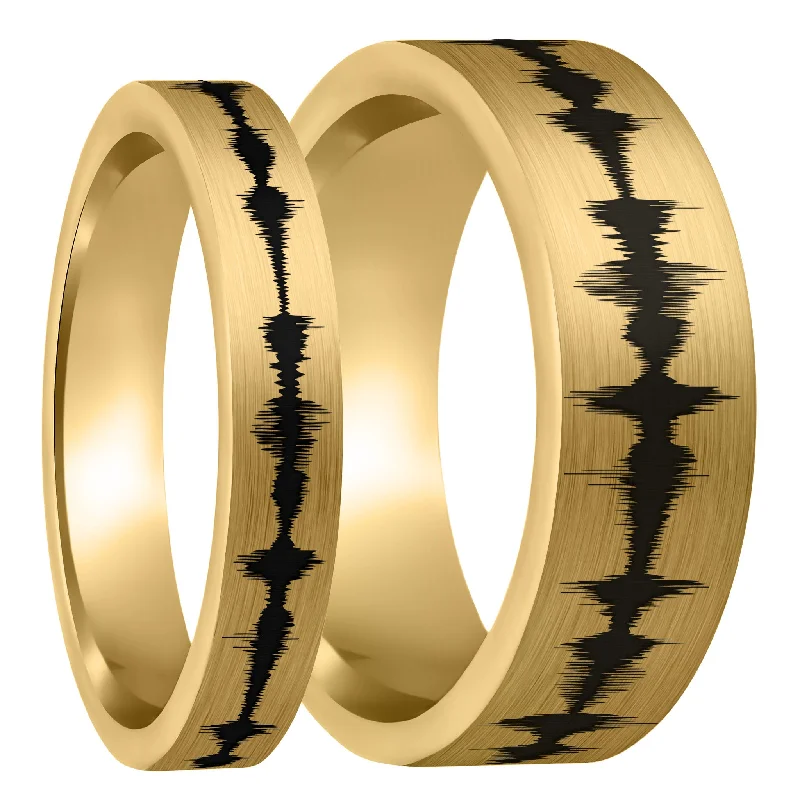 Rings Luster Tips-Custom Soundwave Brushed Gold Tungsten Couple's Matching Ring Set