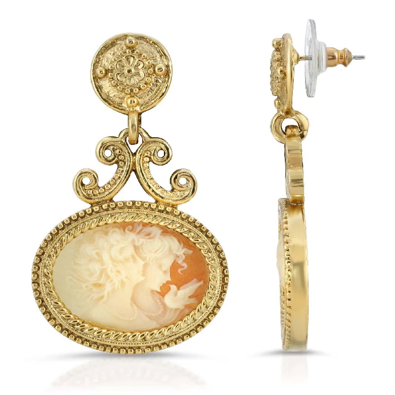 Earrings For Soft Glow-Antiquities Couture Carnelian Color Cameo Twin Muse And Bird Drop Earrings