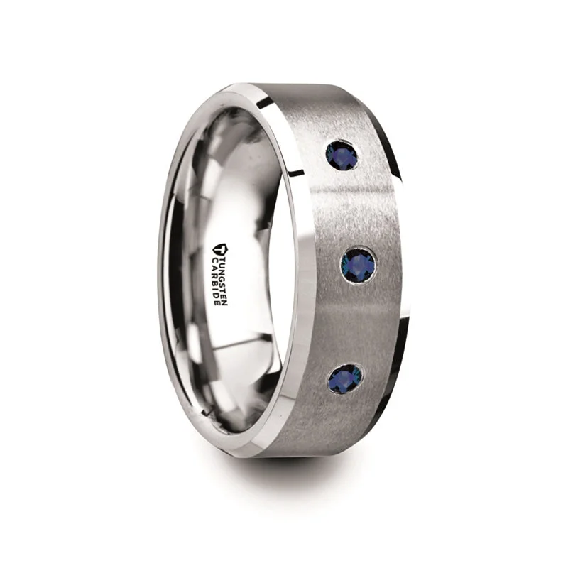 Rings Mineral Options-Tungsten Men's Wedding Band with Three Blue Sapphires