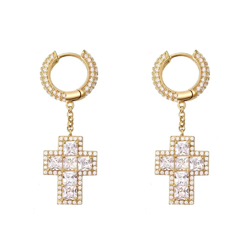 Earrings For New Youth-Thick Princess Cross Dangling Huggie Hoop Icedout Earrings .925 Silver