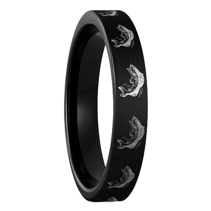 Earth Rings For Roots-Bass Fish Brushed Black Tungsten Women's Wedding Band