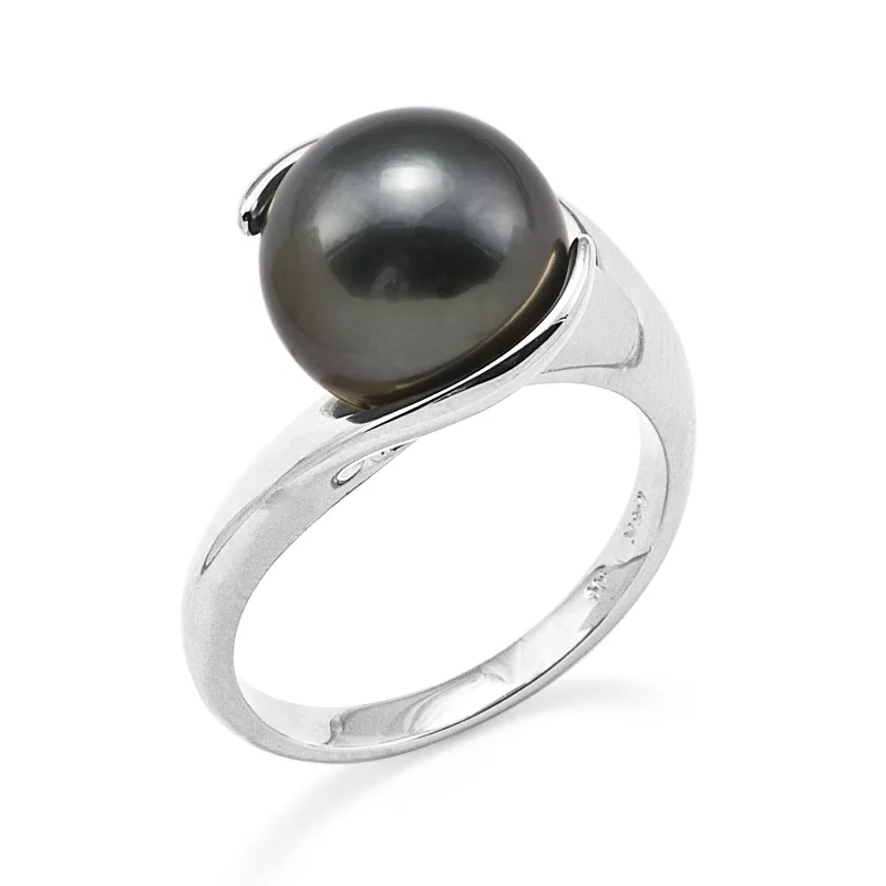 Rings For Sunset Strolls-Tahitian Black Pearl Ring in White Gold - 10-11mm