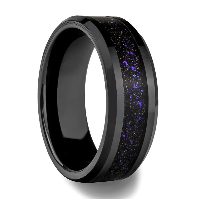 Best Gritty Rings-Black Ceramic Men's Wedding Band with Purple Galaxy Goldstone Inlay