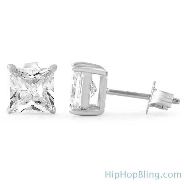 Earrings With Curved Shapes-Princess Cut CZ Stud Earrings .925 Silver