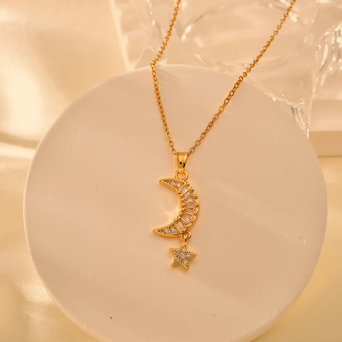 Necklaces Rate Guide-Titanium Steel IG Style Simple Style Shiny Star Moon Inlay Zircon Pendant Necklace