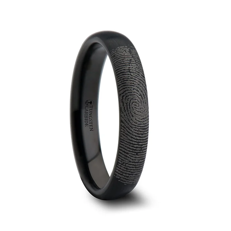 Faint Shine Rings-Custom Fingerprint Engraved Brushed Black Tungsten Domed Women's Ring