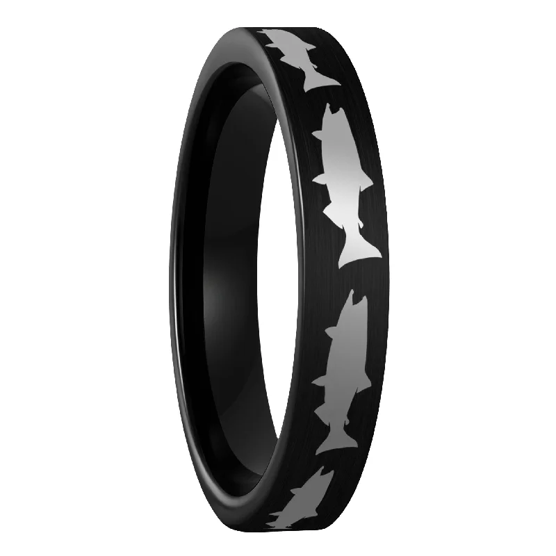 Gentle Rings For Touch-Salmon Fish Brushed Black Tungsten Women's Wedding Band