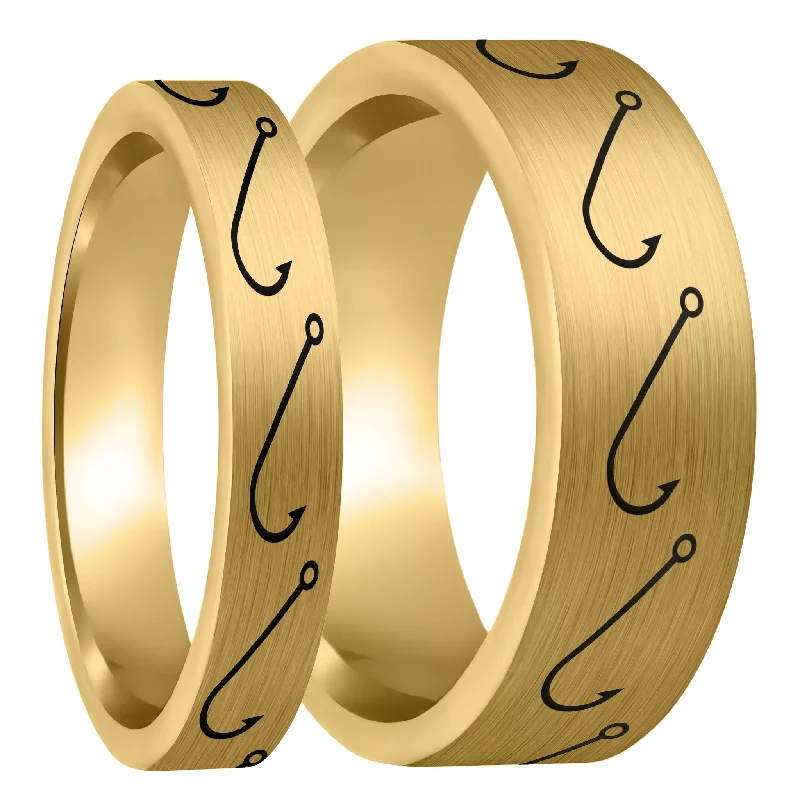 Rings With Topaz Spark-Simple Fishing Hook Brushed Gold Tungsten Couple's Matching Wedding Band Set