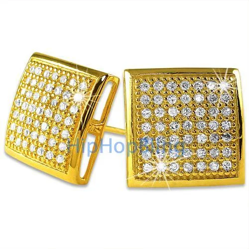 Earrings For Secret Gifts-XL Gold Vermeil CZ Puffed Box Micro Pave Earrings .925 Silver