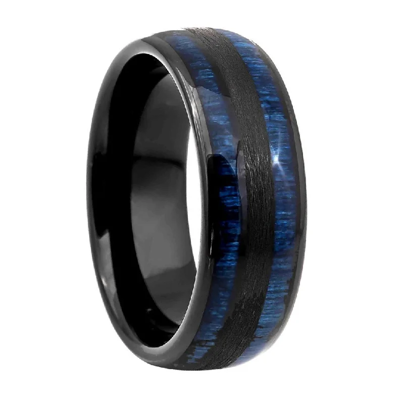 Fierce Rings For Bite-Dual Blue Wood Inlaid Black Tungsten Men's Wedding Band