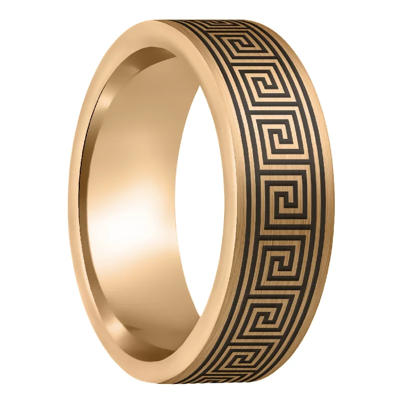 Rings For Metro Flair-Greek Key Brushed Rose Gold Tungsten Men's Wedding Band