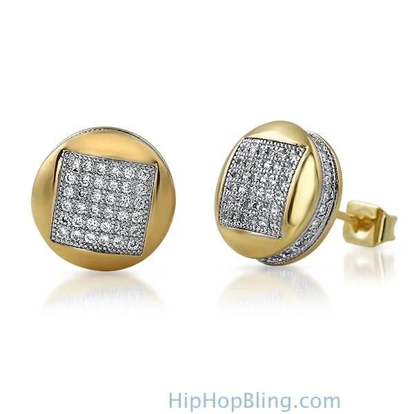 Still Earrings For Calm-3D Square in Circle Gold CZ Bling Bling Earrings