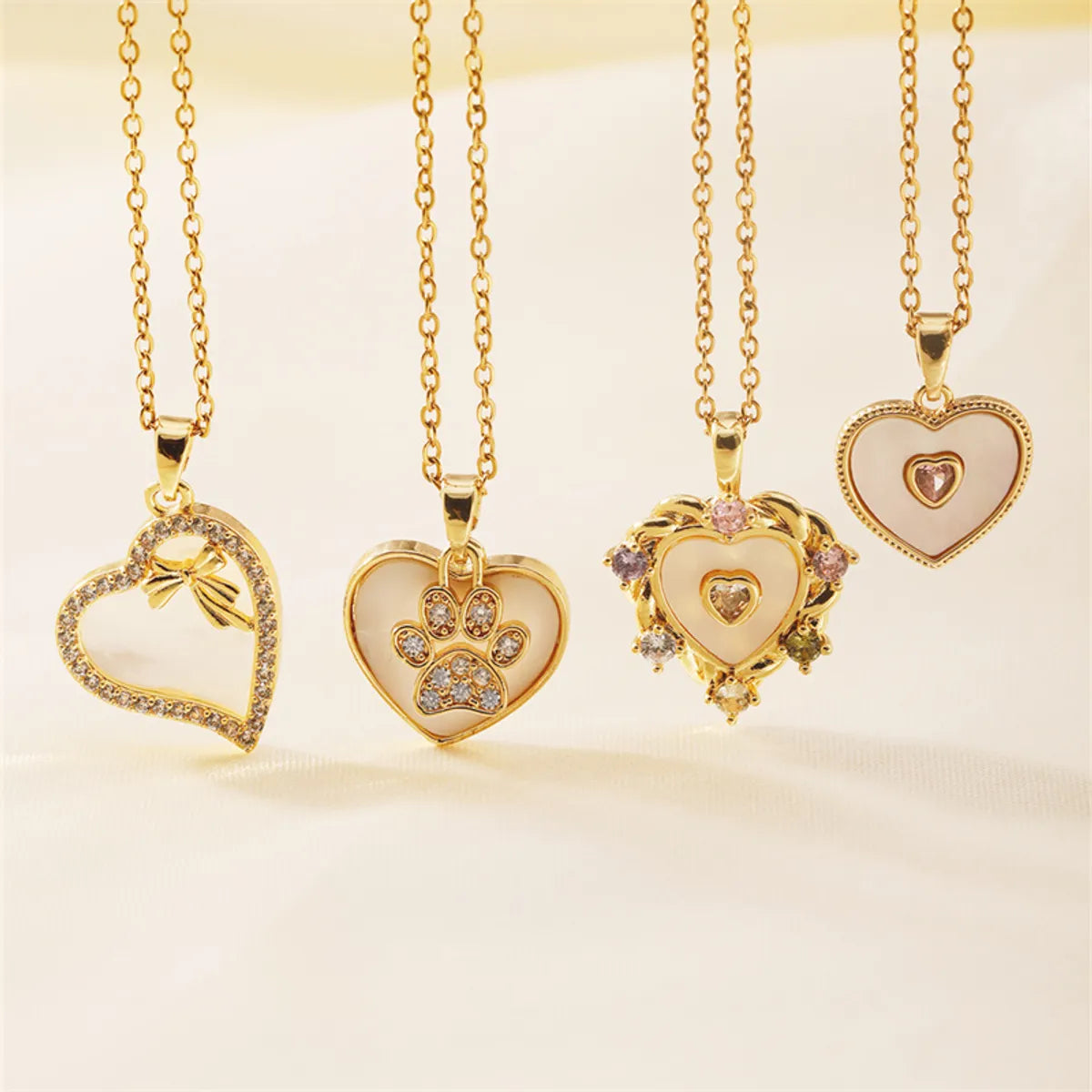 Necklaces For Later Grace-Wholesale Cute Romantic Sweet Paw Print Heart Shape Bow Knot 304 Stainless Steel Copper Inlay K Gold Plated Shell Zircon Pendant Necklace