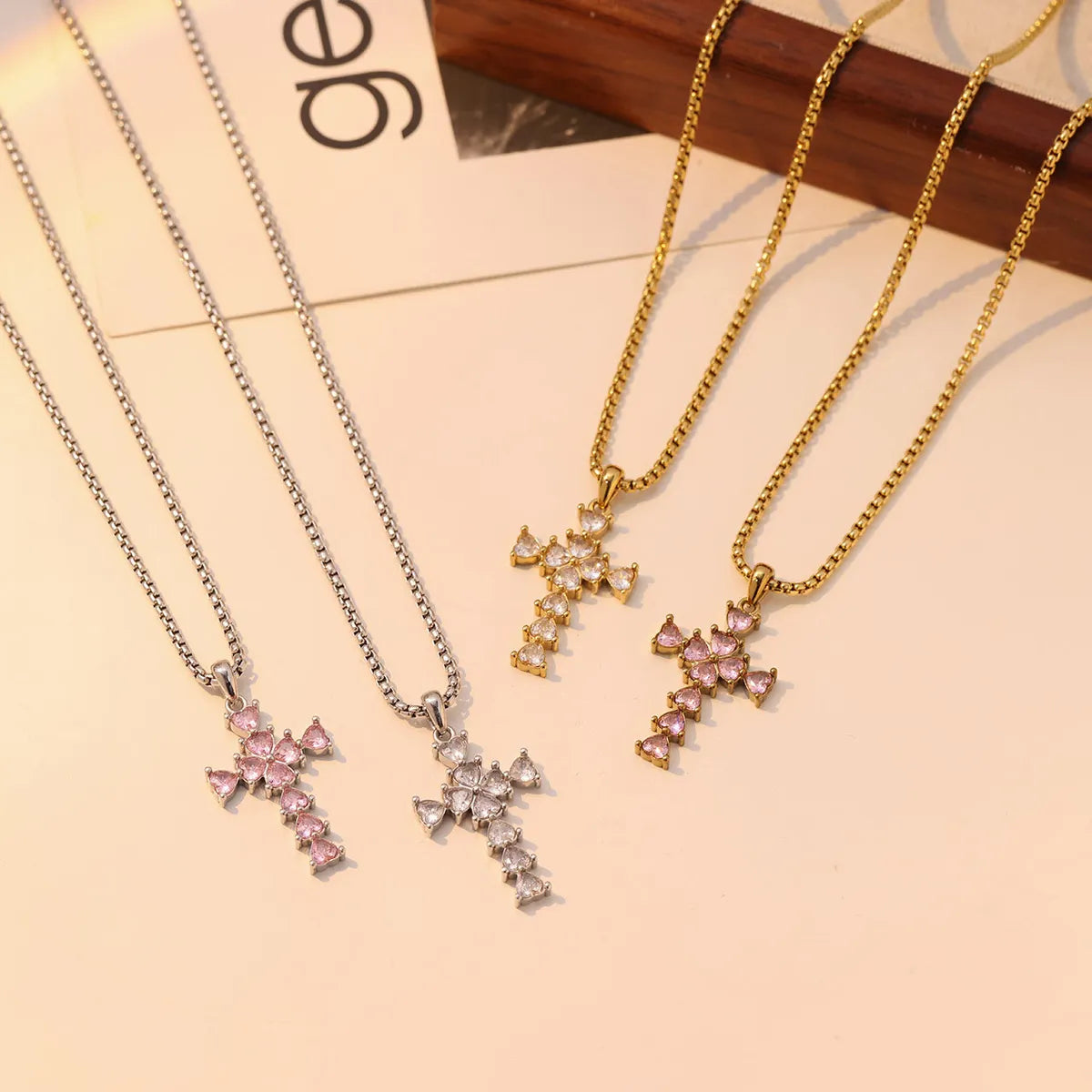 Necklaces For Club Vibes-Vintage Style Cross Stainless Steel Zircon White Gold Plated