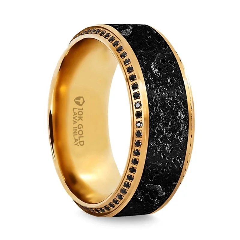 Rings For Bustling Scenes-10k Yellow Gold Men's Wedding Band with Lava Rock Inlay & Black Diamonds