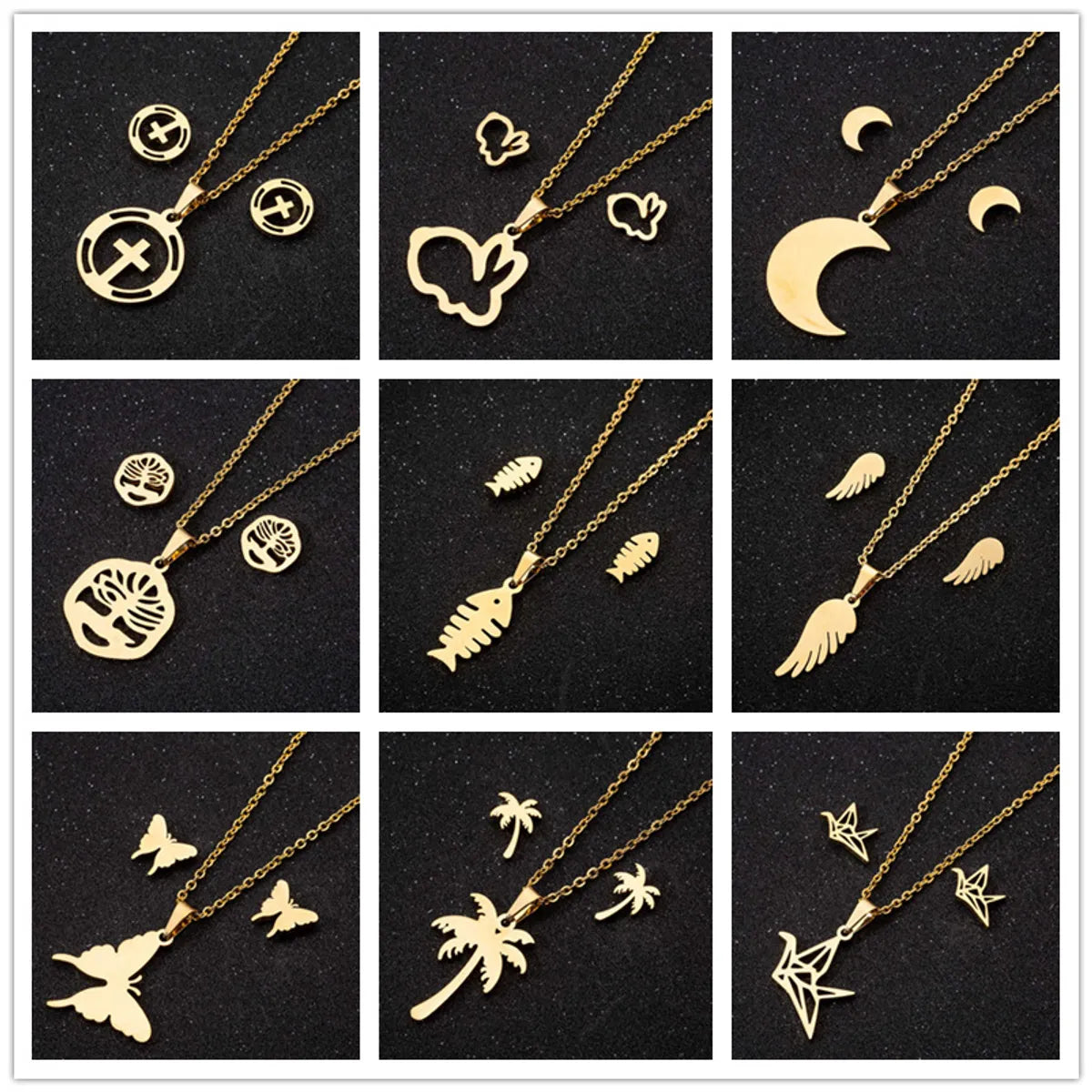 Loud Necklaces For Pop-Fashion Moon Coconut Tree Fish Bone Stainless Steel Plating Hollow Out Earrings Necklace 1 Set